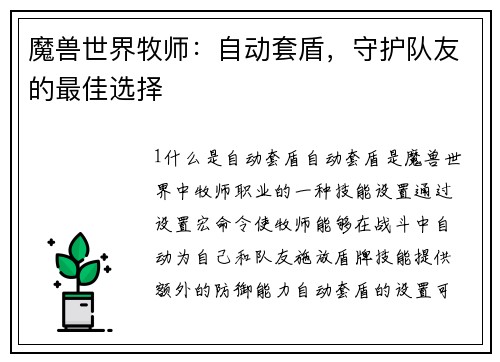 魔兽世界牧师：自动套盾，守护队友的最佳选择